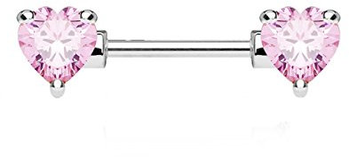 Beyoutifulthings Brustwarzen-Piercing Zirkonia Herzen - Intim-Piercing Chirurgenstahl Silber Pink - Stab 1,6mm 16mm