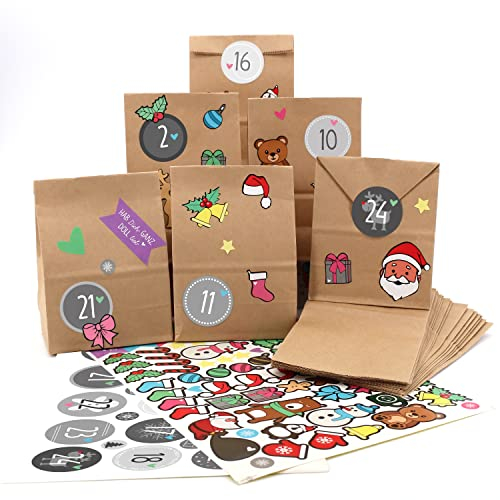 OWLBOOK® Adventskalender zum Befüllen mit 113 Aufklebern und 25 Großen Standbodenbeutel Tüten