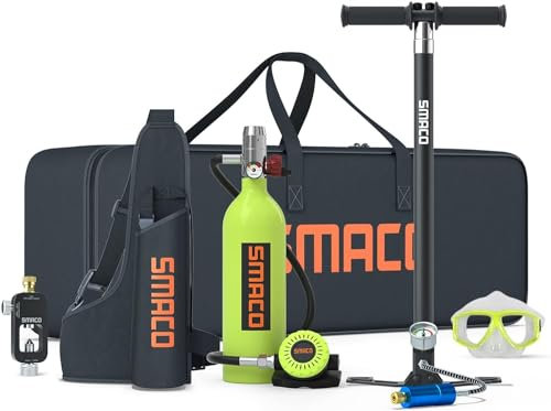 SMACO Botella de Buceo 1L para Buceo en Aguas Poco Profundas, Mini Botella de Buceo Que Permite una Respiración de 15-20 Minutos para Buceo Recreativo/Trabajo Subacuático, Conjunto D (Verde)