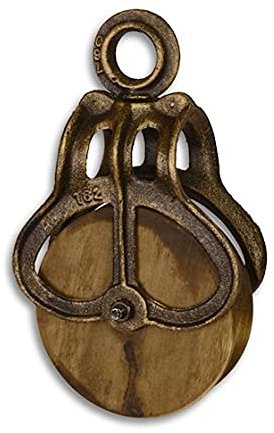 Clever-Deko XXL Großer Ausgefallener Flaschenzug im Antik-Stil mit Holzrolle aus Gusseisen Umlenkrolle Jugendstil Gründerzeit Gartendeko für Innnen und Aussen