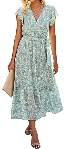 SEVETAT Damen Chiffon Boho Lange Kleid mit Gürtel Sommerkleid Partykleid Elegant V-Ausschnitt Maxikleid Blumenkleid Abendkleid Rüschen Strandkleid Cocktailkleid (Hellgrün, M)