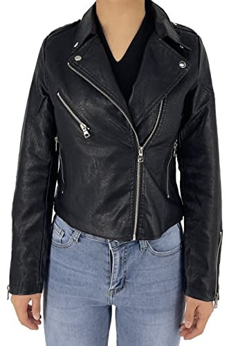 JOPHY & CO. Giacca Corta Chiodo Donna Ecopelle con Tasche & Cerniere (cod. 2560, 33107, 3985 & 2502) (Nero (cod. HM30), S)