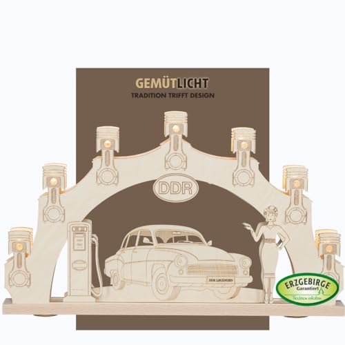 WEIGLA - Schwibbogen original Erzgebirge I LED Lichterbogen Weihnachten I Motiv Wartburg 311 I 7 Lampenkerzen + 1 Ersatzlampe I 7 x 34 V, 0,2 W, E10 I beleuchtete Weihnachtsdeko innen I Ganzjahresdeko