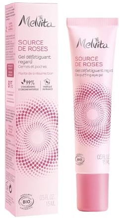 Melvita - Gel frais contour des yeux Source de Roses - Soin Naturel à 99% - Certifié Bio - Hydratate et décongestionne - Aide à réduire poches et cernes - Effet anti-fatigue - Tube 15ml