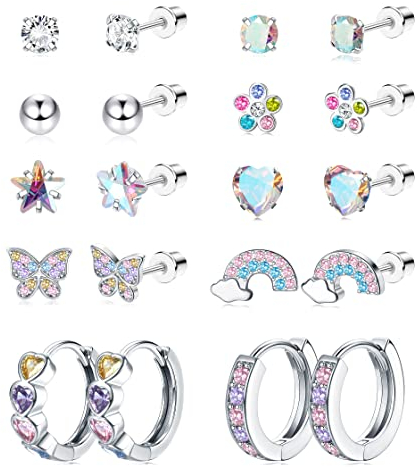 JeweBella 10 Paar Kleine Ohrstecker Set für Mädchen Damen Chirurgenstahl Hypoallergen Creolen Ohrringe Schmetterling Blume Herz Ohrringe Knorpel Medizinische Ohrringe Set für Kinder