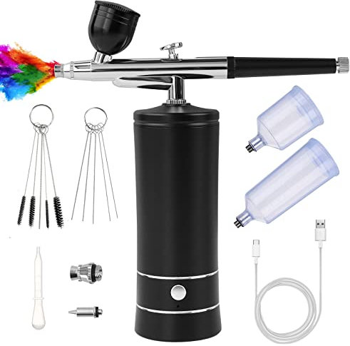 Kit de Aerógrafo con Compresor, Pistola de Cepillo de Aire Recargable Portátil de Alta Presión Cepillos de Aire con Boquilla de 0,3mm para Pintura, Uñas, Maquillaje, Arte (Negro)