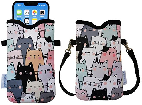 Tainada Men Women Neoprene Mobile Phone Sleeve Pouch Case Bag w/Crossbody Strap/Neck Lanyard for iPhone 17/16 Pro Max, Air, 16/15 Plus, 16e; Samsung S25+, S24, A56 (Doodle Cats Style 1)