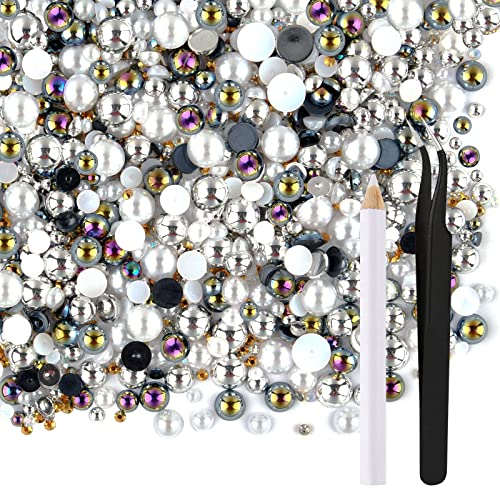 ASTARON 50g Mix Halbperlen und Glitzersteine für Kunsthandwerk, 3mm-10mm FlatBack Perlen und Strasssteine für Gesicht Nagel DIY Becher Becher Kunst Schuhe Kleidung (Schwarz Weiße Serie)