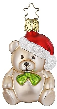 Christbaumschmuck Teddy Bär 7cm mundgeblasenes Glas handbemalt - Kuschelbär zum Aufhängen Beige Rot - Weihnachtsbaum Anhänger Teddybär mit Nikolausmütze - Weihnachtsbaumschmuck