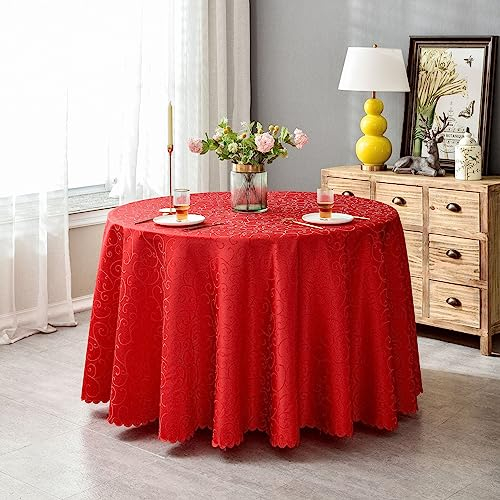 BHOMTY Runde Jacquard-Tischdecke Schützt und dekoriert den Tisch Geeignet für Haus, Hotel Restaurant, Hochzeit Bankett, Büro Treffen Rot Durchmesser 200 cm