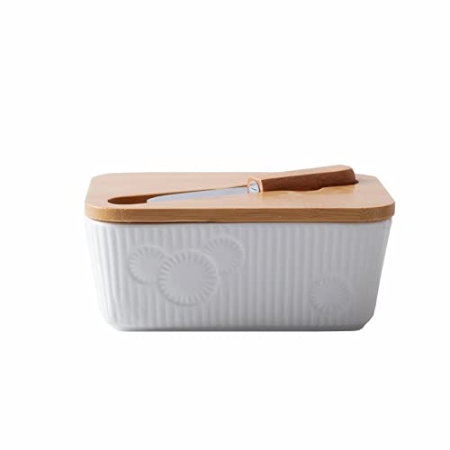 Butter Dish Ceramic Butter Box with Wood Cover and Knife Nordic Kitchen Butter Keeper Plate Storage Tray Cheese Food Container Butter Dish Butter Container