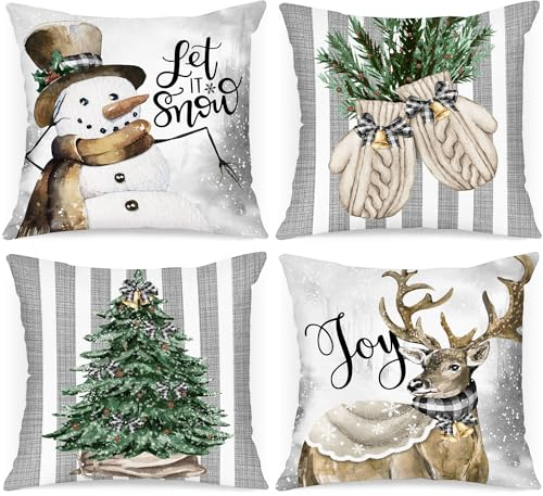 Lanpn 4 Stück Weiß und Grau Kissenbezug Weihnachten Kissenhülle 40x40 cm, Winter Schneemann Handschuhe Elch Eukalyptus Dekorative Weihnachtskissen Weihnachtsdeko Christmas Bettwäsche Sofa Decorations