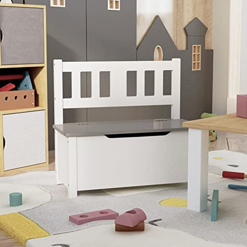 Homgoday Kinderbank mit Stauraum Weiß und Grau 60x30x55 cm MDF - Spielzeugtruhe fürs Kinderzimmer Model10407