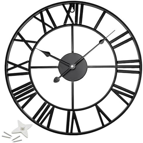 Black Metal Wall Clock for Garden, Large Wall Clocks for Living Room, Silent Non-Ticking Roman Numerals Wall Clock for Indoor & Outdoor, Vintage Look Clock for Bedroom, and Kitchen – Large 60 cm