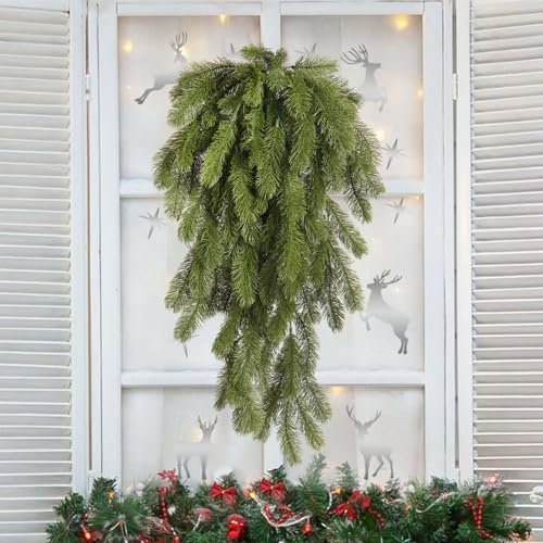 2Pcs Artificial Christmas Teardrop Swag Artificial Christmas Pine Needle Hanging Door Swags Faux Winter Teardrop Wreath Hanging Plants for Front Door Wall Home Decor (Green)