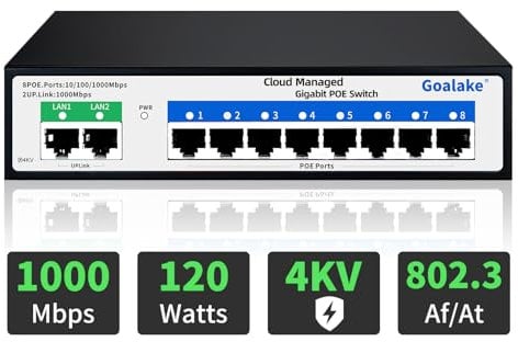Goalake Switch Poe+ Gigabit 10 Ports, Switch Ethernet Gigabit Géré dans Le Cloud,8 Ports Poe à 120 W, 2 Gigabit Uplink, 802.3af/at, App Facile à Gérer, Détection Cloud, Vlan, Redémarrage Cloud, 250 M