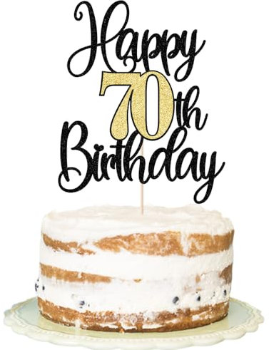 FLORCMET Tortenaufsatz Happy 70th Birthday – Schwarz Gold Glitzer Cheers to 70 Years Cake Topper, 70 & Fabulous Cake – Dekoration für Happy 70th Birthday Anniversary Party Cake Decorations Supplies