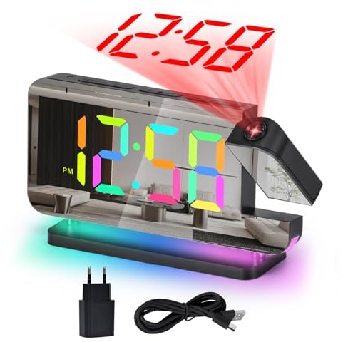 U-picks Wecker Digital,Wecker Mit Projektion,7.4LED-Spiegeluhr mit um 180°Drehbarem Projektor,11 RGB-Farben-Digitalanzeige,10-Farben-Nachtlicht,5-Stufen Lautstärke Tischuhr Digital für Kinder,Mädchen