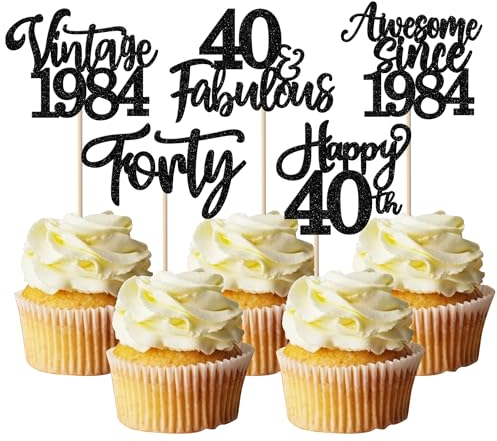 SYKYCTCY 30 Pack Vintage 1986 Cupcake Toppers Glitter Happy 40th Fourty Awesome Since 1986 Cupcake Picks 40 Fabulous Cake Decorations for 40th Birthday Wedding Anniversary Party Supplies Black