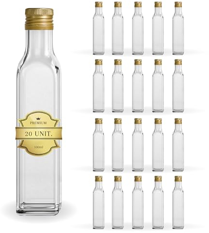 20 Mini Bouteilles en Verre 100ml avec Bouchon a Vis Doré | Petites Bouteilles pour Huile d'Olive, Vinaigre, Alcool, Sauces, Potion Magique | Huilier en Verre, Flacon pour Échantillons