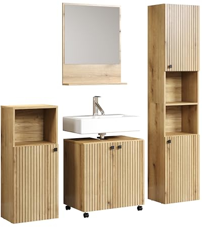 trendteam smart living - Badkombination - Badezimmer - PureBliss - Aufbaumaß (BxHxT) 160 x 190 x 40 cm - Farbe Evoke Eiche mit schwarzen Rillen - 233701842