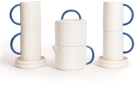CREATE/Juego de té cerámica Cobalto Collection/Pack completo/Cerámica, pintado en blanco y azul cobalto, resistente hasta 120ºC, apto para lavavajillas, microondas y horno, certificado LFGB