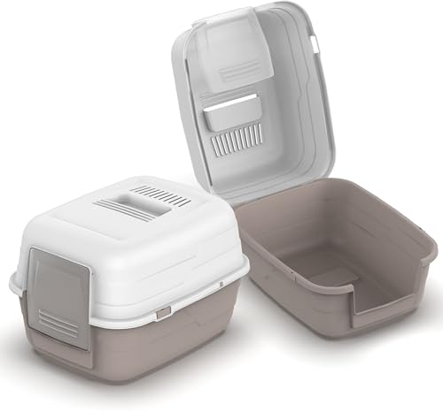 Pratic Enclosed Cat Litter Box with Lid & Flap Door, High Sided Cat Litter Tray with Detachable Top, Opens 90 Degree for Easy Cleaning, Carbon Filter (Light Grey/White, 48x38x32)