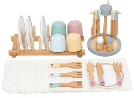 perfk Platos de Juguete de Madera, Juego de Platos, Cubiertos, Tazas de Colores, vajilla de Juguete de Madera, Platos de Juego para niños de 3, 4, 5