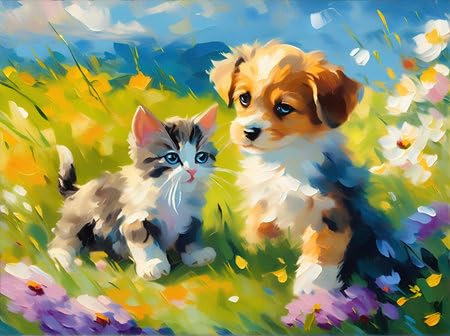 Acryl-Bild 40 x 30 cm: Kätzchen und Welpe spielen zusammen auf einer Blumenwiese. Ölgemälde-Stil. Impressionismus. Generative KI. (209531429)