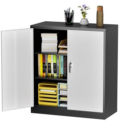 SUPEER Metal Storage Cabinet with Locking Doors & Shelves,Lockable Steel Storage Cabinet with 2 Adjustable Shelves,Home,Office,W80CM x D40CM xH90CM Assembly Required(Black/White)