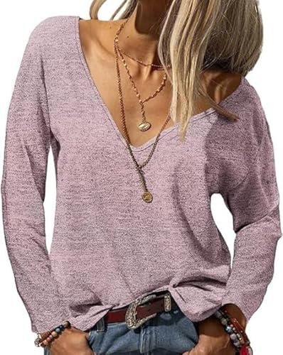 Fisoew T-shirt basique à manches longues pour femme - Avec col en V - Coupe unique - Sexy - Lâche - Manches longues