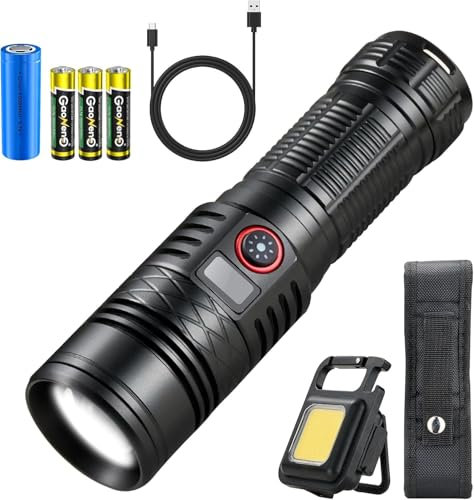 Torcia LED Potente Professionale, 600000 Lumens Torcia LED Ricaricabile USB, XHQ100 Torce LED Alta Potenza, Torcia Tattica Militare Professionale, Torcia Grande Zoomabile Portatile (Nero)