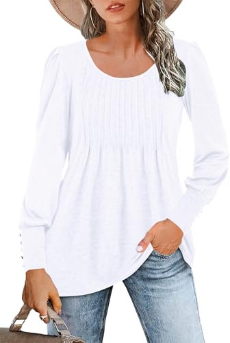 WNEEDU Langarmshirt Damen Rundhals Locker Bluse Plissee Oberteile Tunika Tshirt Lässige Tops mit Puffärmel Elegant Tuniken (Blanco,XXL)