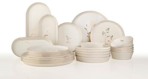 KUTAHYA PORSELEN Hochwertigem Porzellan Geschirrset 6 Personen | Tafelservice, Schüssel- und Teller Set - Stilvolles Essgeschirr, Geschirr | Modernes Design für Geschirrset (Gold, 27 Teile Set)