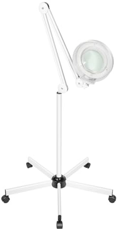 CLEADONG LED Lupenleuchte, 8 Dioptrien Lupe mit Licht, Arbeitsplatzlampe, Dimmbar Tischklemme Lampe 24W mit Ständer und Rädern Weiß