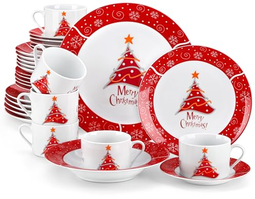 VEWEET, Serie CHRISTMASTREE, 30-teiliges Porzellan Weihnachtsgeschirr Set für 6 Personen, Weihnachts Kaffeeservice für 6 Speiseteller, 6 Dessertteller, 6 Suppenteller, 6 Kaffeetassen und 6 Untertassen