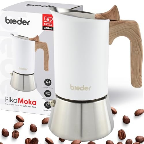bieder Fika Moka Induzione 6 tazze – Caffettiera induzione in acciaio inox 18/10 – Moka espresso compatibile con induzione, gas e vetroceramica – Robusta, facile da pulire e con manico antiscottatura