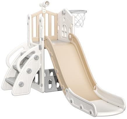 Warmiehomy Kids Slide with Climber, Basketball Hoop, Telescope, Storage Basket, 5 in 1 Toddlers Slide, Outdoor Indoor Plasyset for Kids Aged 1+, Birthday for Children