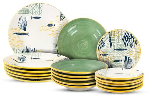 Avilia Servizio di Piatti da Tavola 18 Pezzi in Porcellana Resistente con Decorazione Pesciolini e Colori Vivaci - Ideali per Uso Quotidiano per 6 Persone con Piatti Fondi, Piani e da Frutta