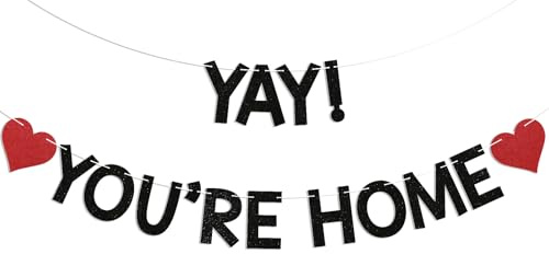 Cartel de bienvenida a casa con texto en inglés Yay! You're Home! - Letrero de bienvenida a casa, letrero de fiesta de reunión familiar, decoración de fiesta de bienvenida a casa, purpurina negra