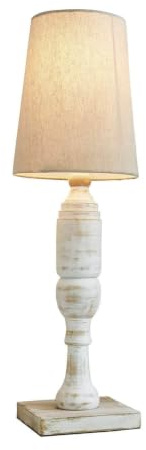 LOBERON Tischlampe Yernisto, antikweiß | Holzfuß mit White-Washed-Finish - Schmales Design - Tischleuchte - Wohnaccessoire - Kiefernholz - Leinen - Polyester