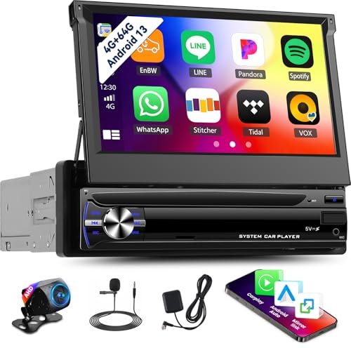 Autoradio 1 DIN Android 13 4+64G - Écran IPS rétractable 7 avec CarPlay sans Fil et Android Auto - Autoradio Simple DIN avec EQ BT GPS WiFi FM/RDS Mirrorlink SWC Caméra de recul