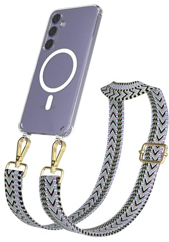 EAZY CASE Handykette - Verstellbares Taschenband kompatibel mit Galaxy S24 Plus, Schulterriemen, Handykordel mit Silikon Hülle, Qi Charging kompatibel, Umhängetasche, Lila Grün Gold
