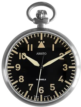Aristo Taschenuhr Handaufzug - 47 Millimeter große Gehäuse aus satiniertem Edelstahl - Zifferblatt im klassischen Fliegerstil - gehärtetes Mineralglas - geschlossene Edelstahlboden – Made in Germany