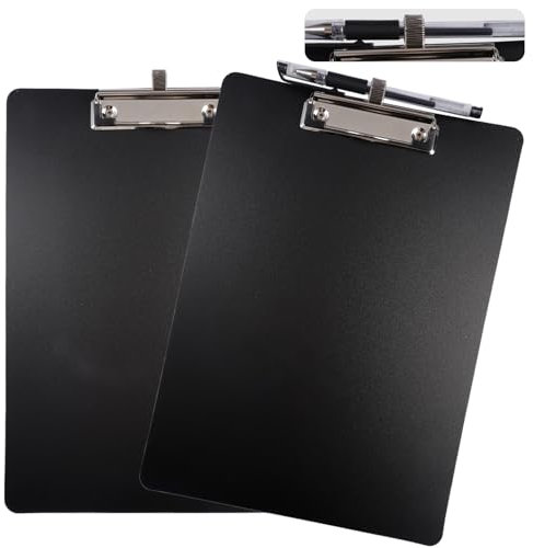 2 Pièces Porte Bloc A4 avec Pince, Porte Document Rigide avec Pince A4, Porte Documents Plastique avec Clip en Métal et œillet de Suspension Rétractable, pour Bureau, École (Noir)