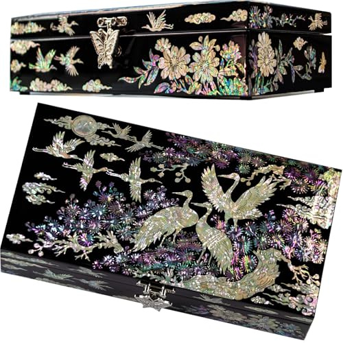 BinNADA Mother of Pearl BlackLacquer Jewelry Box Removable compartment | Jewellery Storage Case with Mirror Gift for Loved Ones for Women Black