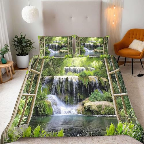 Generisch Bettwäsche 135x200cm 3Teilig Waldlandschaft Bettwäsche-Sets Grüner Waldwasserfall Kinder Mikrofaser 3D Motiv Modern Bettdeckenbezug Mit Reißverschluss und 2 Kissenbezug 80x80cm