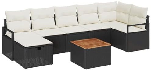 vidaXL Garten-Sofa-Set mit Kissen 8 pcs Schwarz Poly Rattan, Garten und Terrasse, modernes Set, verstellbare Füße, wetterfestes Möbel, UV-geschützter Loungesessel