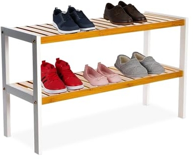 Relaxdays Schuhregal, HxBxT: 33 x 70 x 26 cm, Bambus, 2 Ebenen, 6 Paar Schuhe, Schuhständer Gitterablagen, Natur/weiß