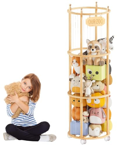 TAZZOR Holz Kuscheltier Aufbewahrung mit 360°Bremse-Ausgestattete Räder Stofftier Organizer Platzsparend Plüschtier Regal mit Netzbeutel für Kinderzimmer Spielzimmer Wohnzimmer, 138 × 48 × 48cm